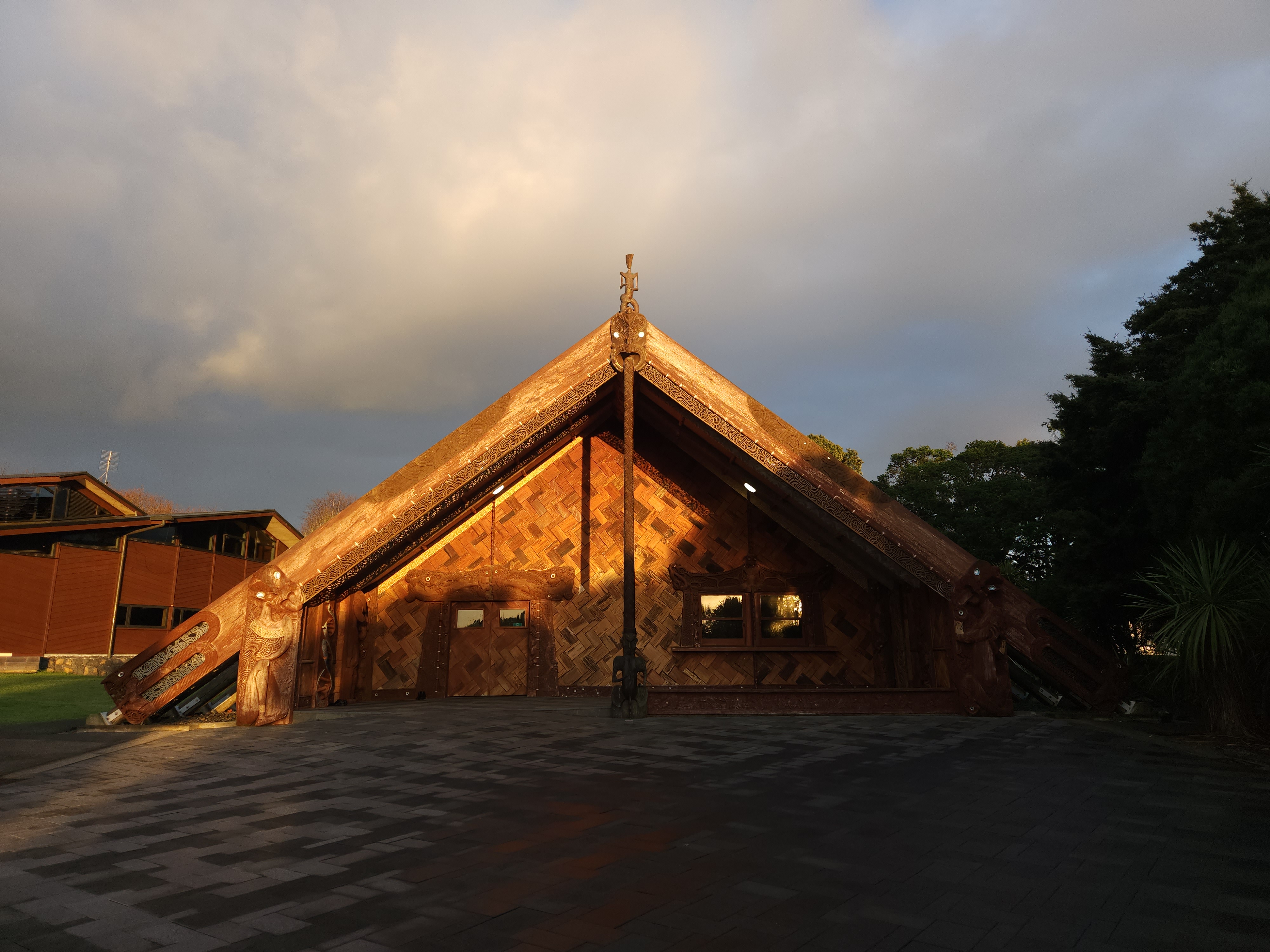 Te Noho Kotahitanga Marae in golden evening light