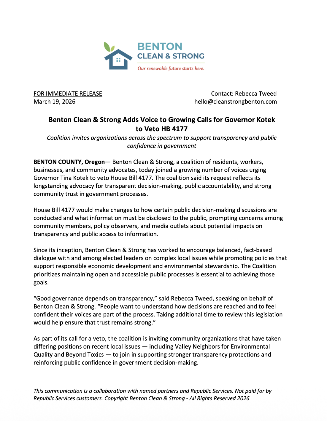 Benton Clean & Strong Adds Voice to Growing Calls for Governor Kotek  to Veto HB 4177