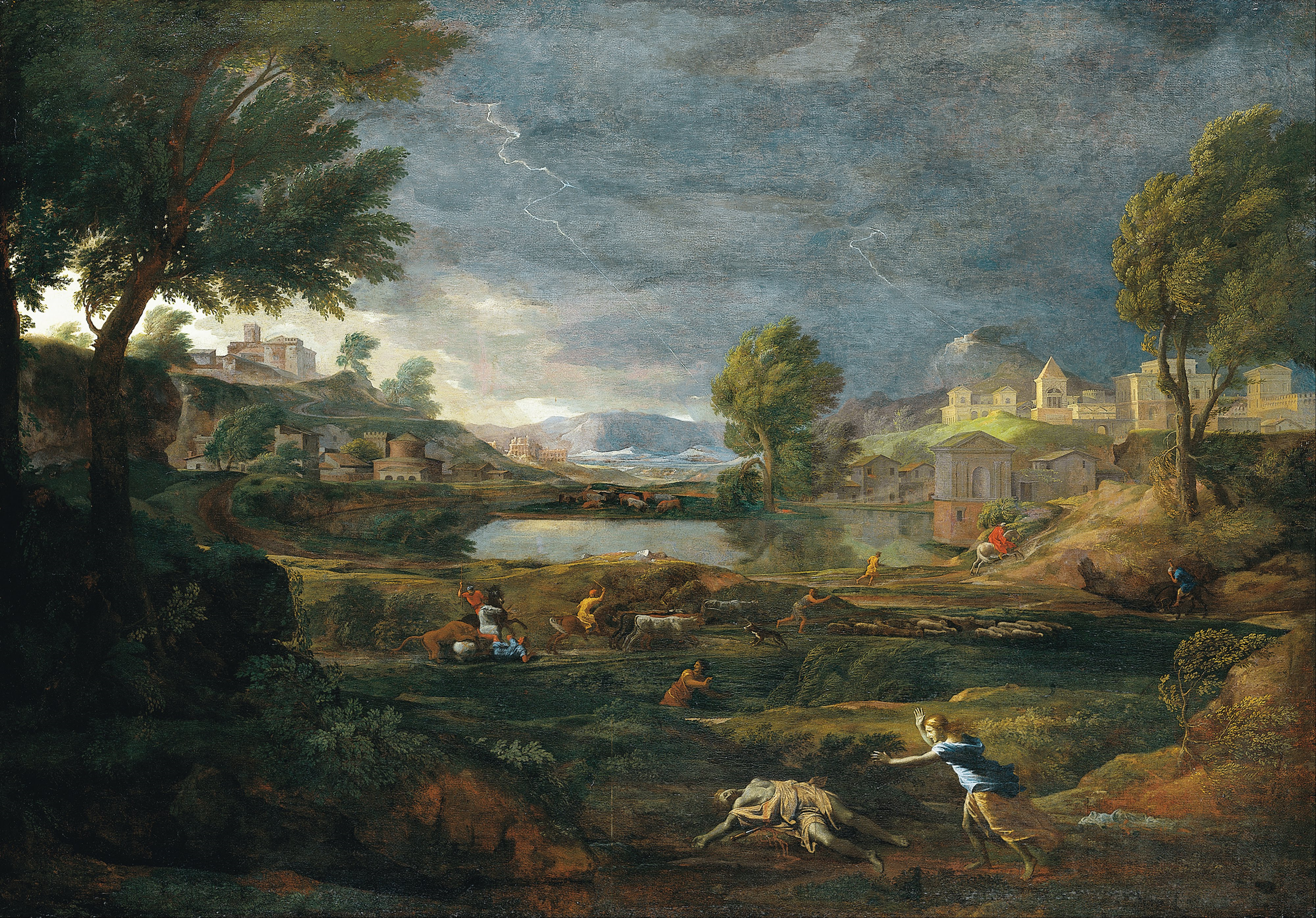 Nicolas Poussin, Landscape during a Thunderstorm with Pyramus and Thisbe, 1651