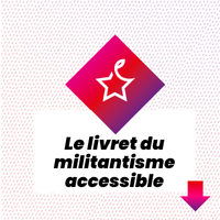 logo du PCF en blanc dans un losange dégradé du rose au violet et texte "Manuel du militant isme accessible" avec une flèche allant vers le bas pour indiquer où cliquer pour le télécharger