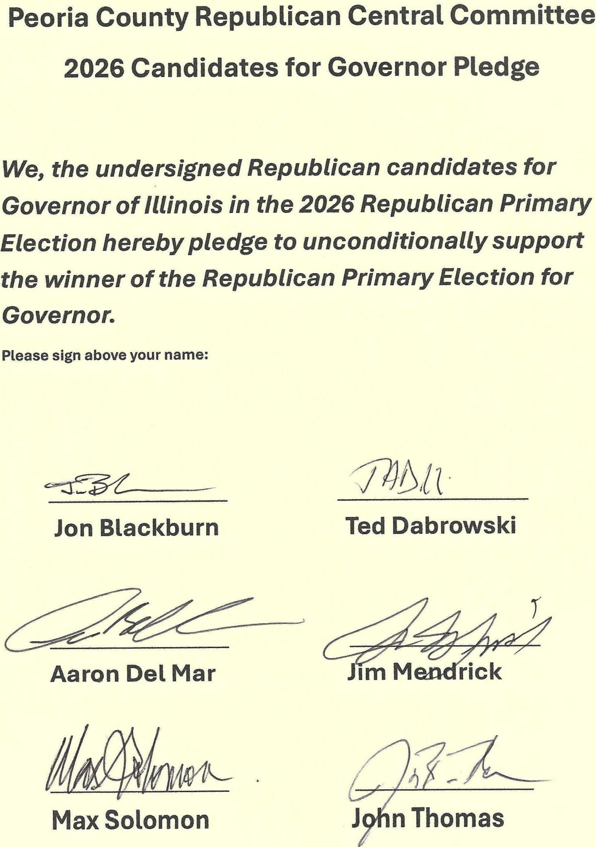 Unity pledge signatures from all six Illinois Republican gubernatorial candidates