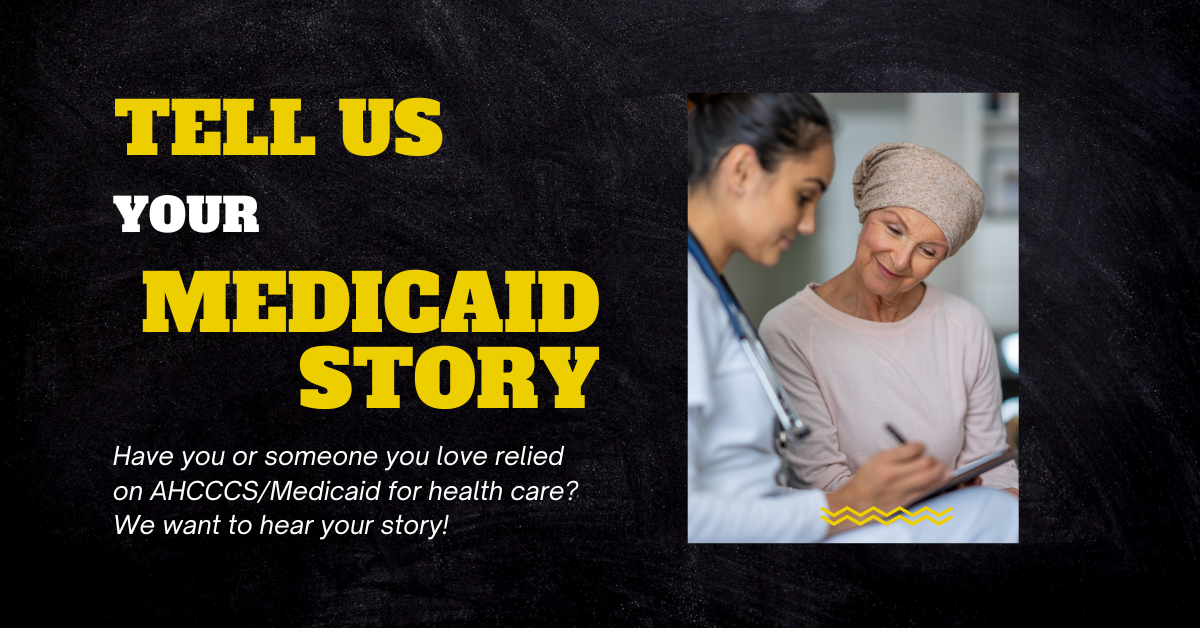 Text invitation to share personal medicaid stories. image of a healthcare worker listening to an older patient.