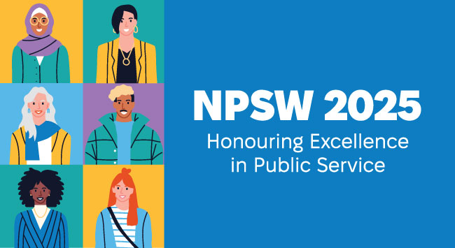 6 people in individual squares with writing NPSW 2025 Honouring Excellence in Public Service to the right