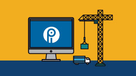 Computer with PIPSC logo and a truck with a crane