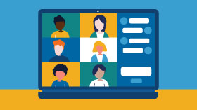 Computer with peoples faces and chat on the screen