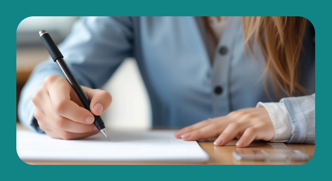 Une personne qui écrit sur un papier avec un crayon