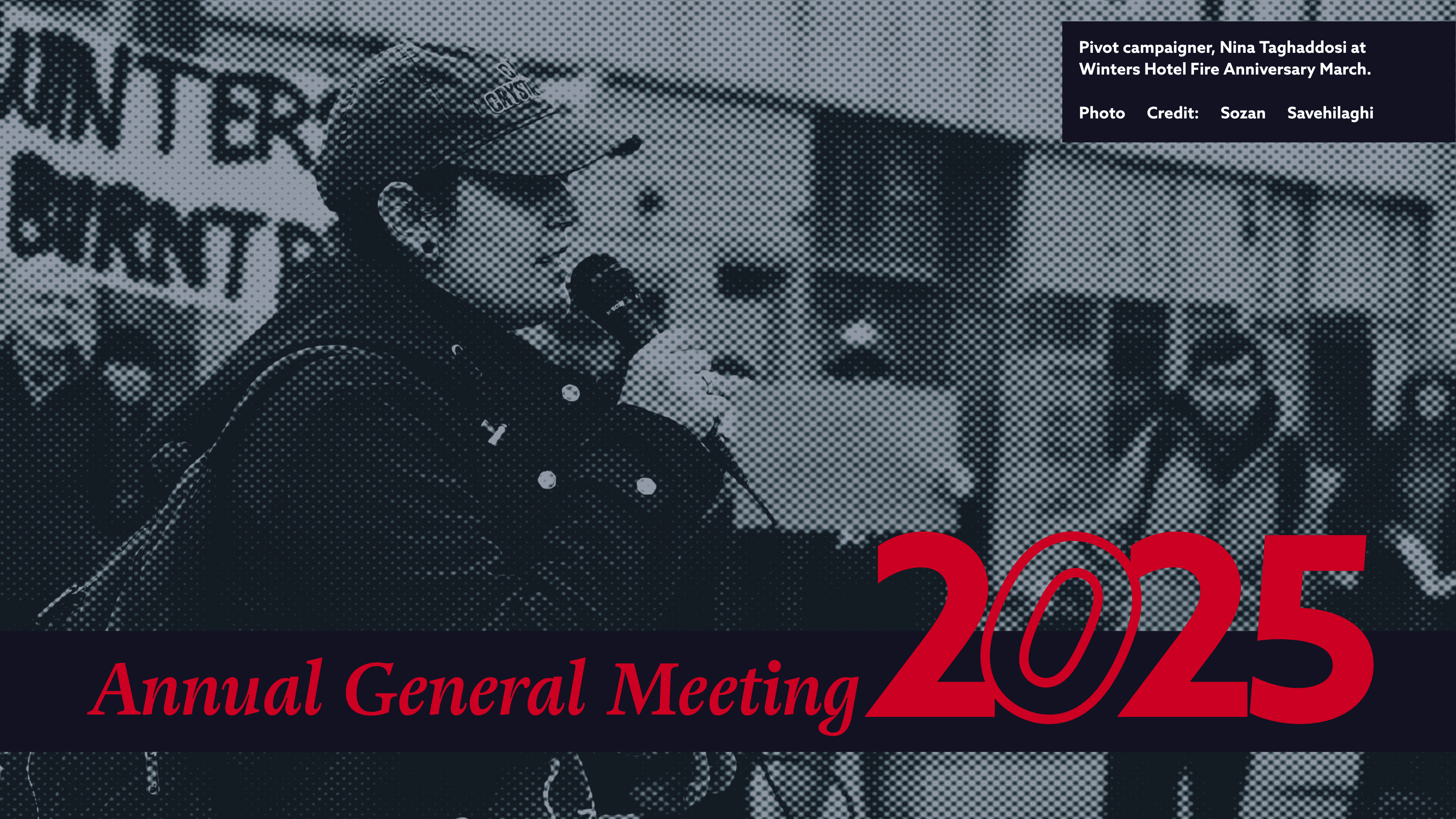Background image of a person holding a mic with folks in the backgroun blurred. Superimposed near the bottom of the image is text that reads "Annual General Meeting 2025"