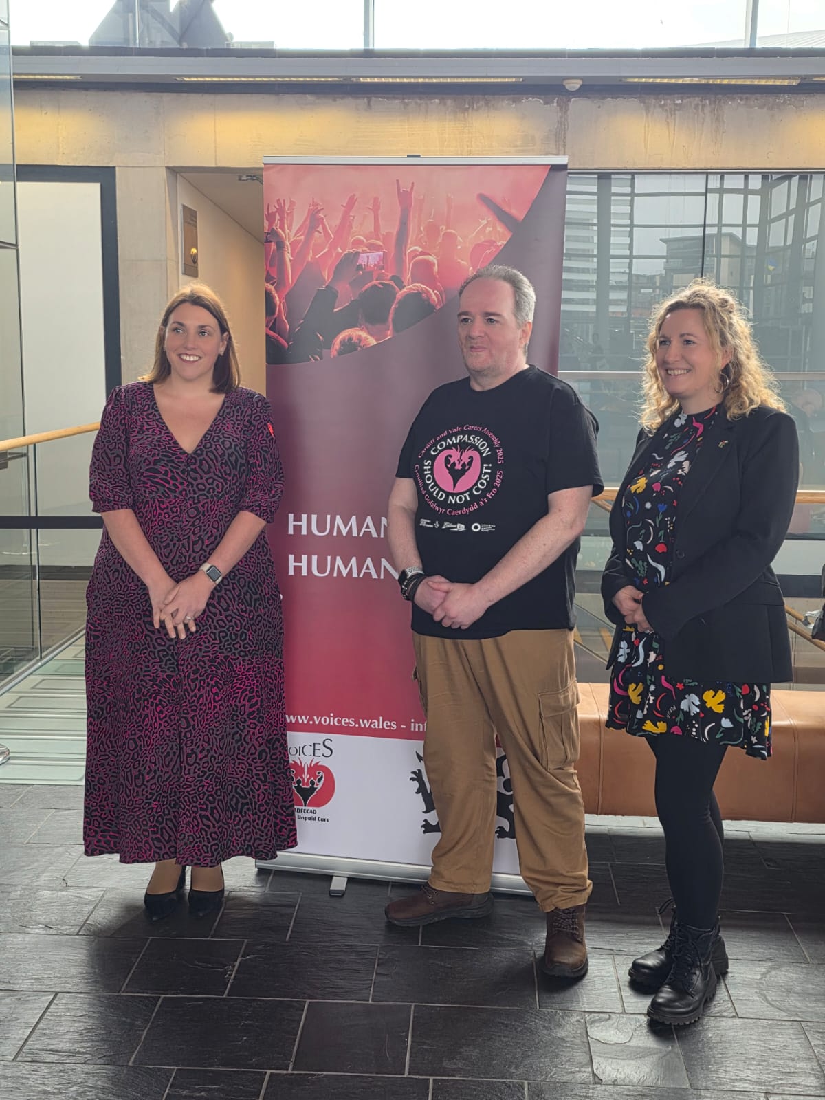 Sarah Rees, Heledd Fychan MS, and Mike O'Brien at the VOICES ADFOCAD Senedd event.