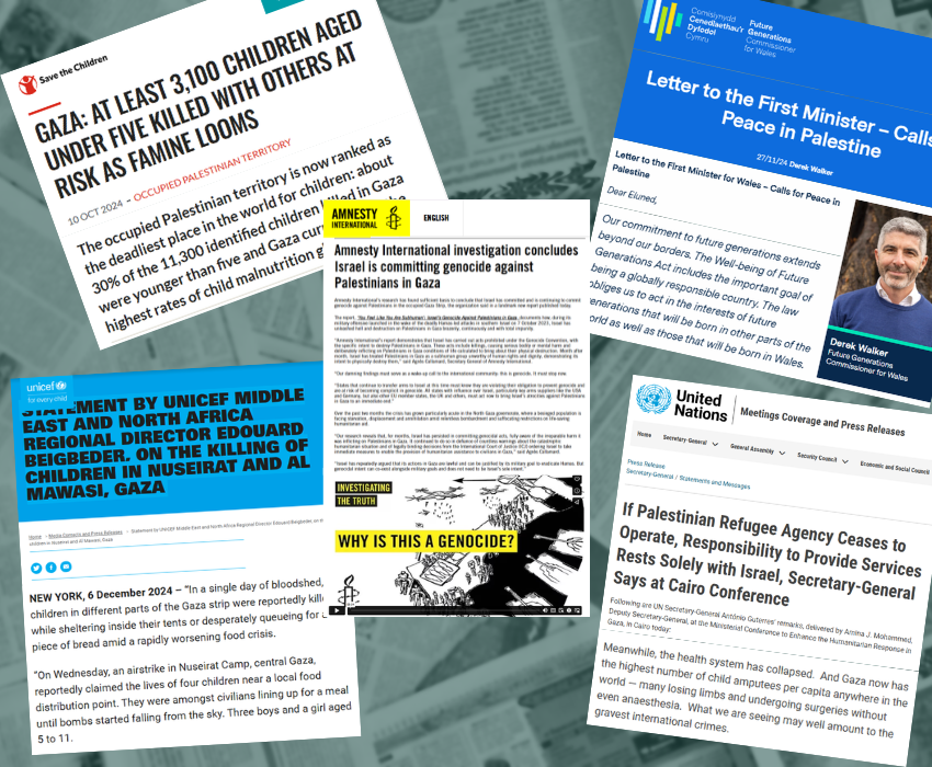 A collage of clippings from online news articles from Save the Children, UNICEF, UN General Secretary, Amnesty International and the Future Generations Commissioner for Wales, showing their statements mentioned by Sioned Williams in her question to the First Minister.
