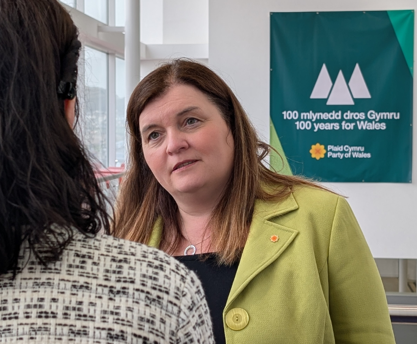 Sioned Williams MS is in conversation with someone over whose shoulder we can see Sioned. Behind Sioned is a banner showing that Plaid Cymru has been "100 years for Wales"