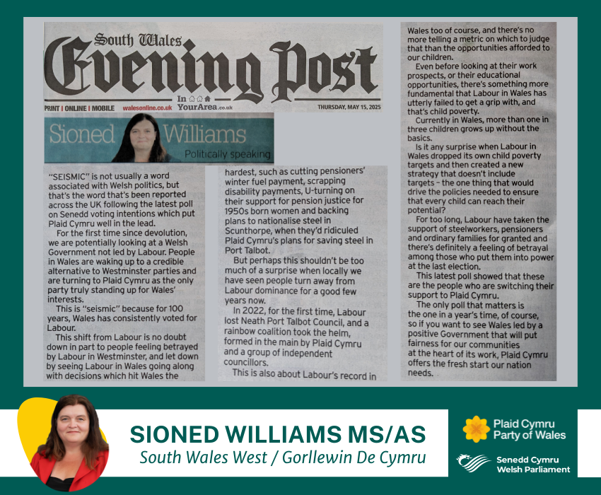 Sioned Williams' article in South Wales Evening Post shown as a photograph on a dark green background.