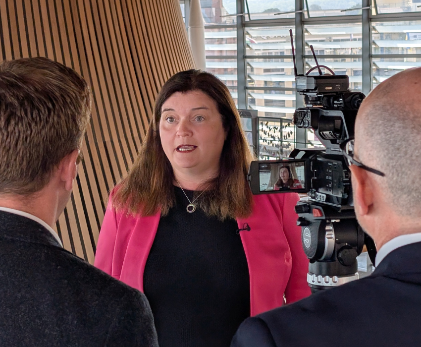 Sioned Williams MS being interviewed in the Senedd
