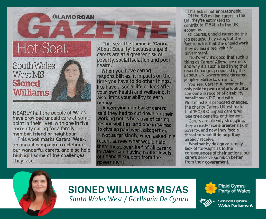 A photograph of Sioned Williams MS’s article for Glamorgan Gazette, the wording for which appears in the webpage below. 