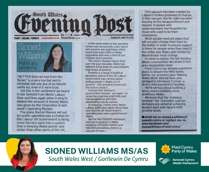 Sioned Williams MS article for the South Wales Evening Post shown as a photograph of the article on a dark green background. The words for this article are contained within the website page.
