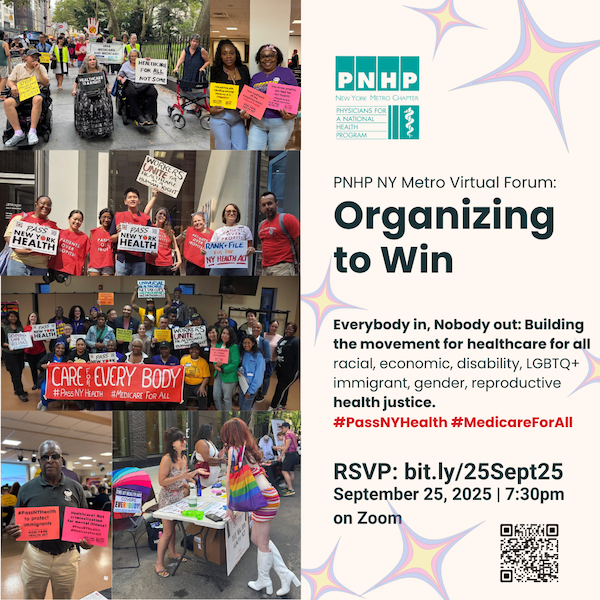 Sept forum graphic Collage of photos on the left of activists with signs & banners for the NY Health Act. Details with the title, date, time QR code & link to rsvp at right
