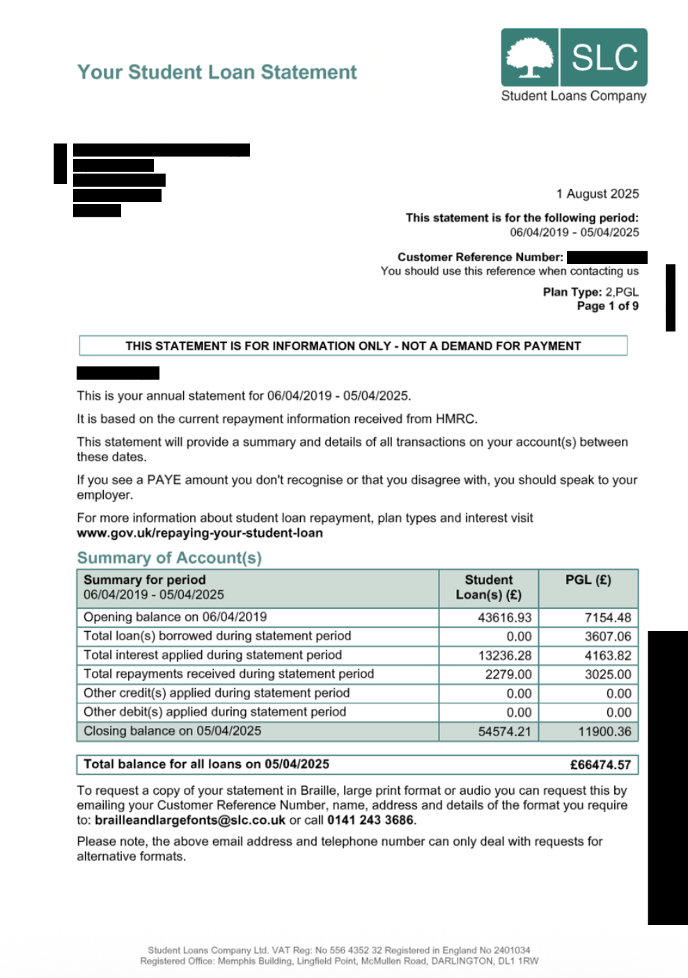 Redacted Student Loans Company statement showing the figures used in the Fair Fees case study