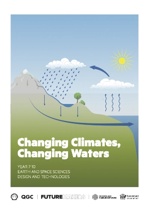 The cover of a learning resource for year 7-10 students titled Changing Climates, Changing Waters, sponsored by Shell's QGC gas business and distributed by the Queensland Museum
