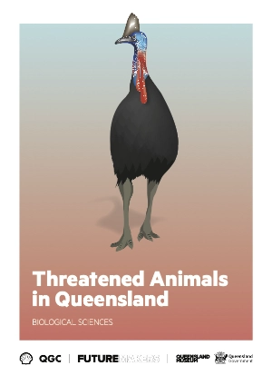 The cover of a learning resource for biological science students titled Threatened Animals in Queensland, sponsored by Shell's QGC gas business and distributed by the Queensland Museum