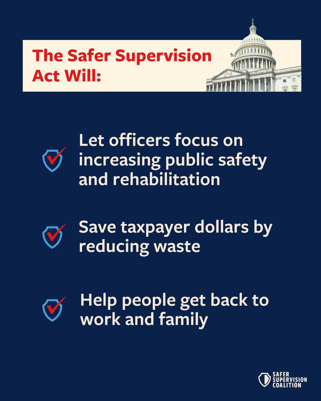 The SAFER Supervision  Act Aims To: Reduce repeat crime, Boost the workforce, Target resources toward those who need it, Cut government waste, Support long-term reintegration