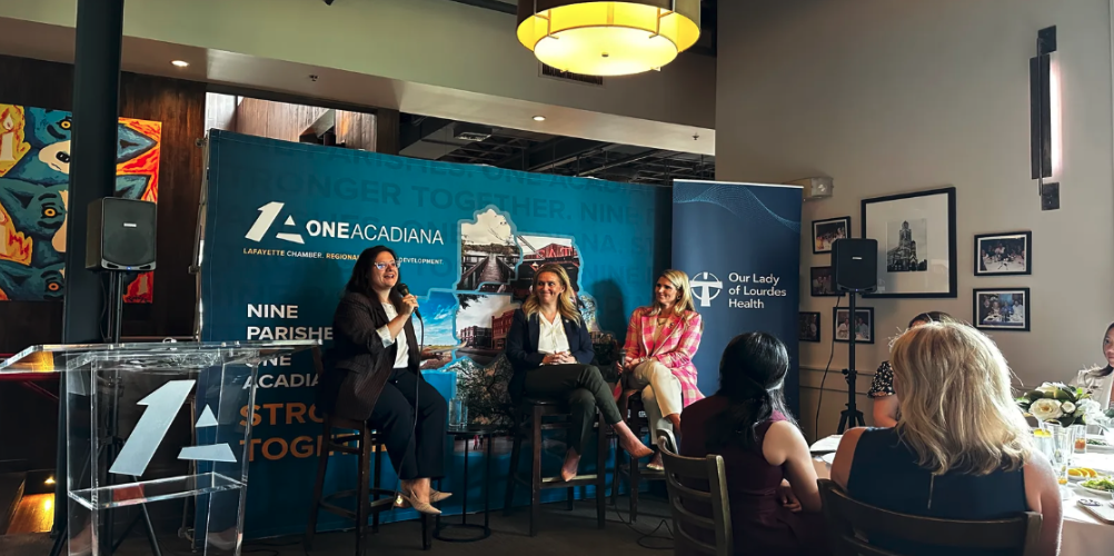 Reps. Julie Emerson and Annie Spell speaking at the Acadiana Women’s Network's Leading Through Legislation event.