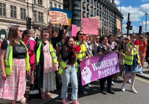 Twelve UK cities held coordinated protests on August 9th as the UK Women's March returned. Campaigners protested rising violence against women and girls.