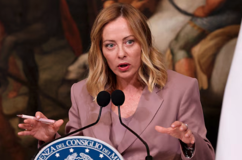 Italian Prime Minister Giorgia Meloni attends a press conference in Italy, May 2025