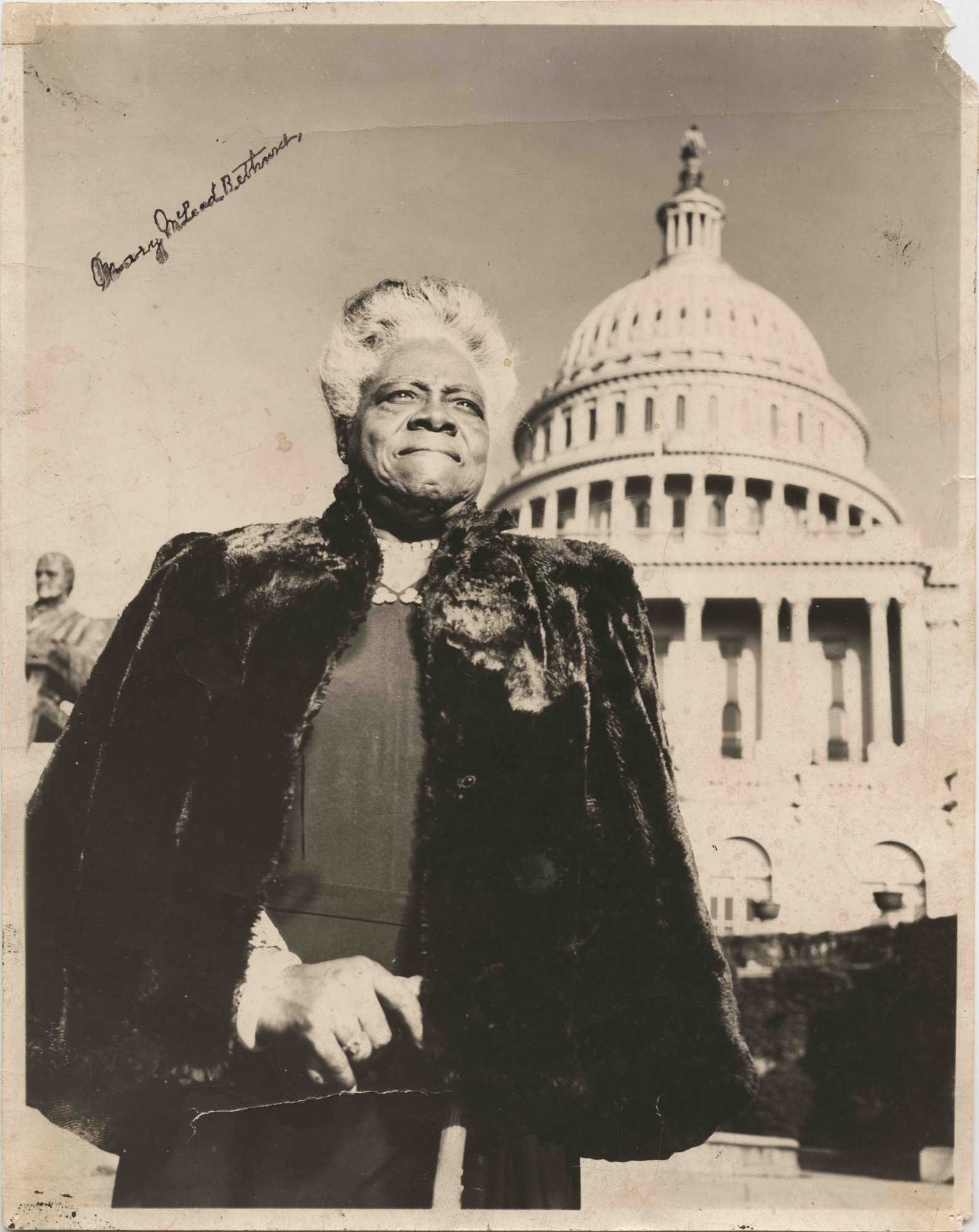 Mary McLeod Bethune in front of the U.S. Capitol, ca. 1950.