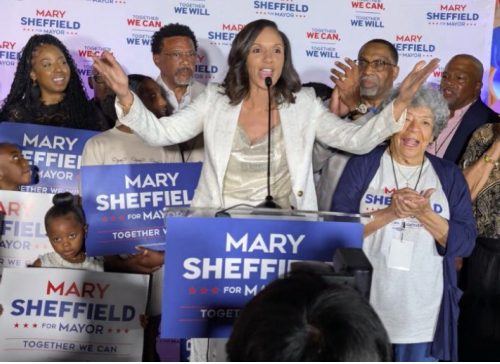 City Council President Mary Sheffield speaking during a primary victory celebration with supporters