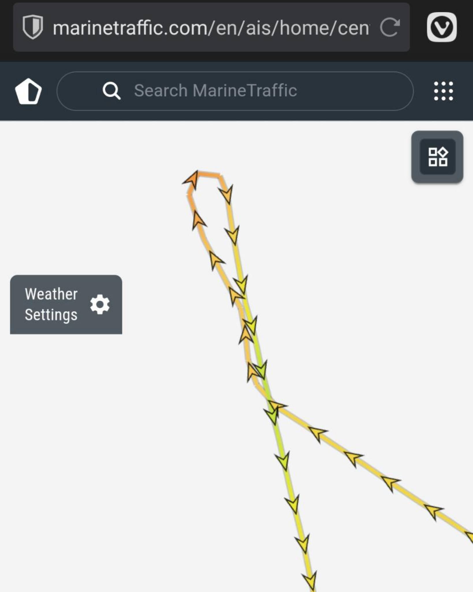A screenshot of a bot position tracking web site, showing the tracks of a coal ship being turned around