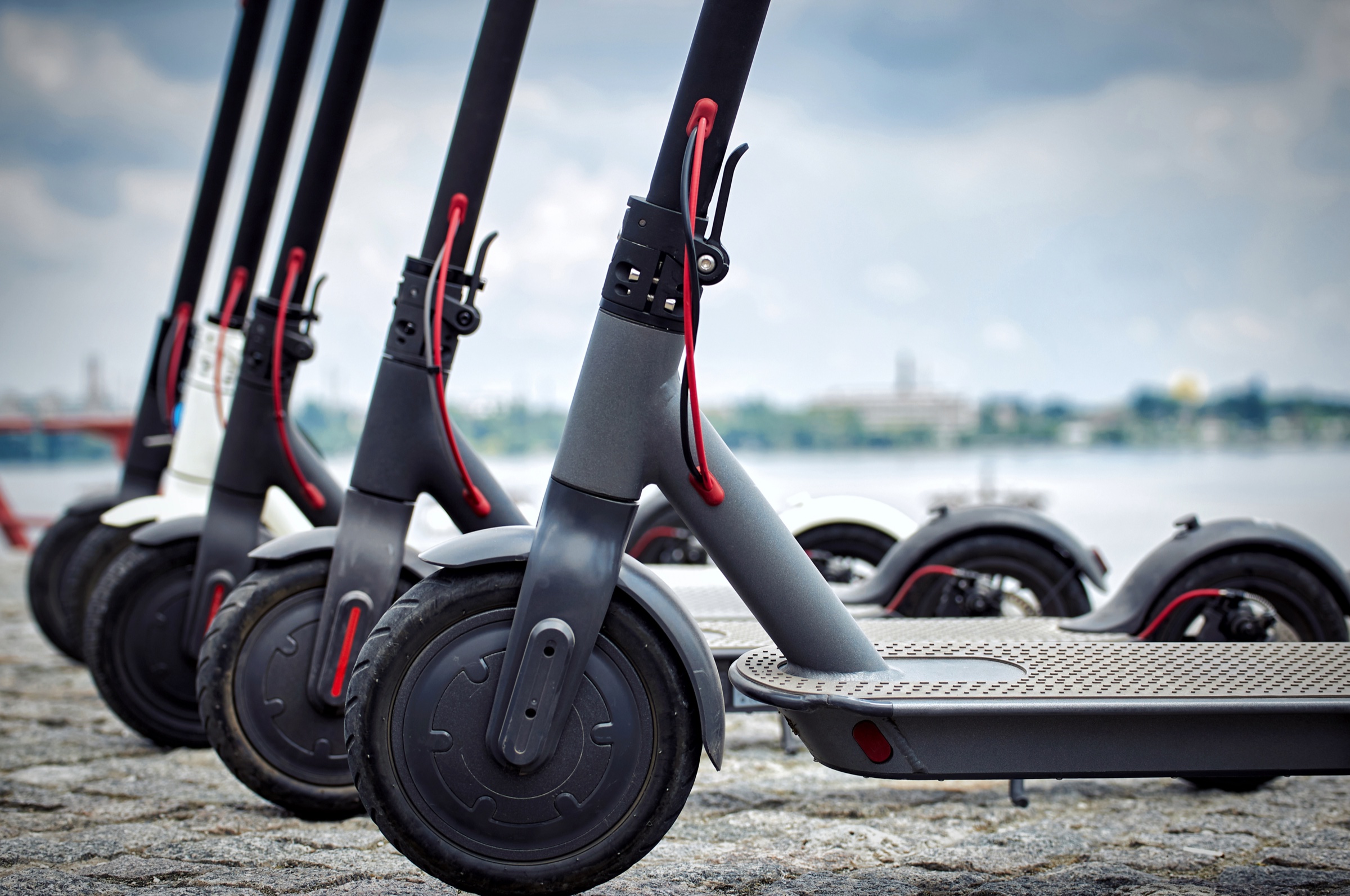 A row of electric scooters