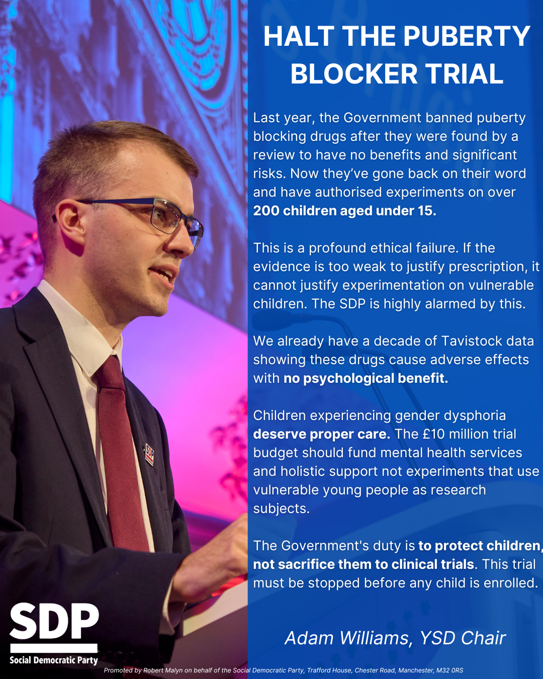 Adam Williams, YSD Chair, and Halt the Puberty Blocker trial quote
