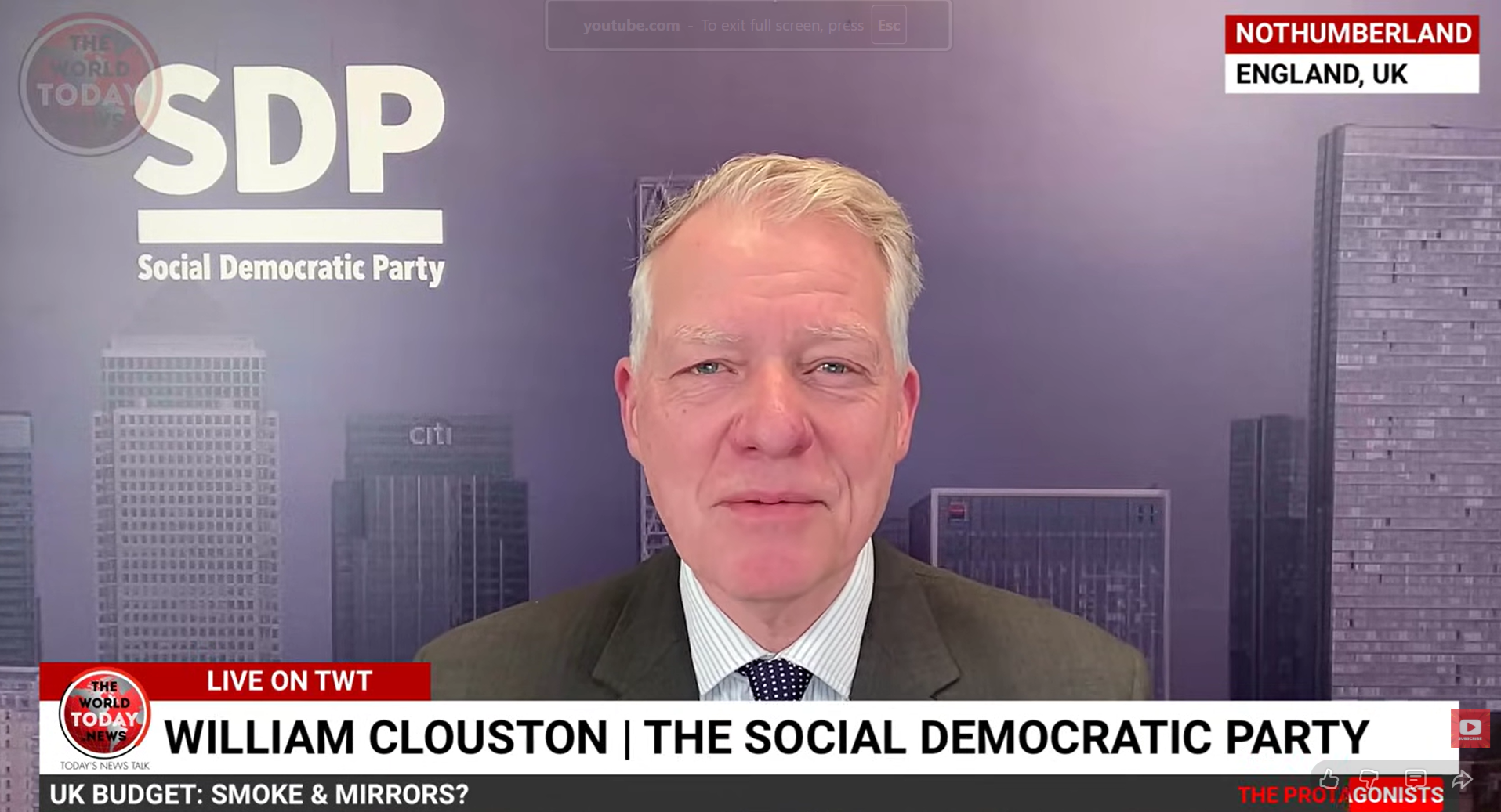 Screen grab of William Clouston talking about the budget