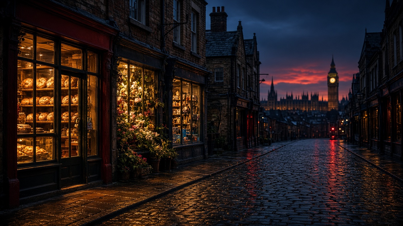 A British high street at dusk, with Westminster on the skyline