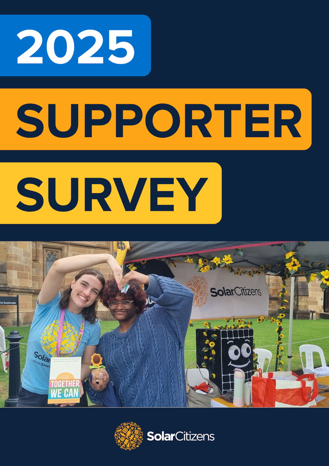 Cover of 2025 Supporter Survey - photo of staff and volunteer at a Solar Citizens stall