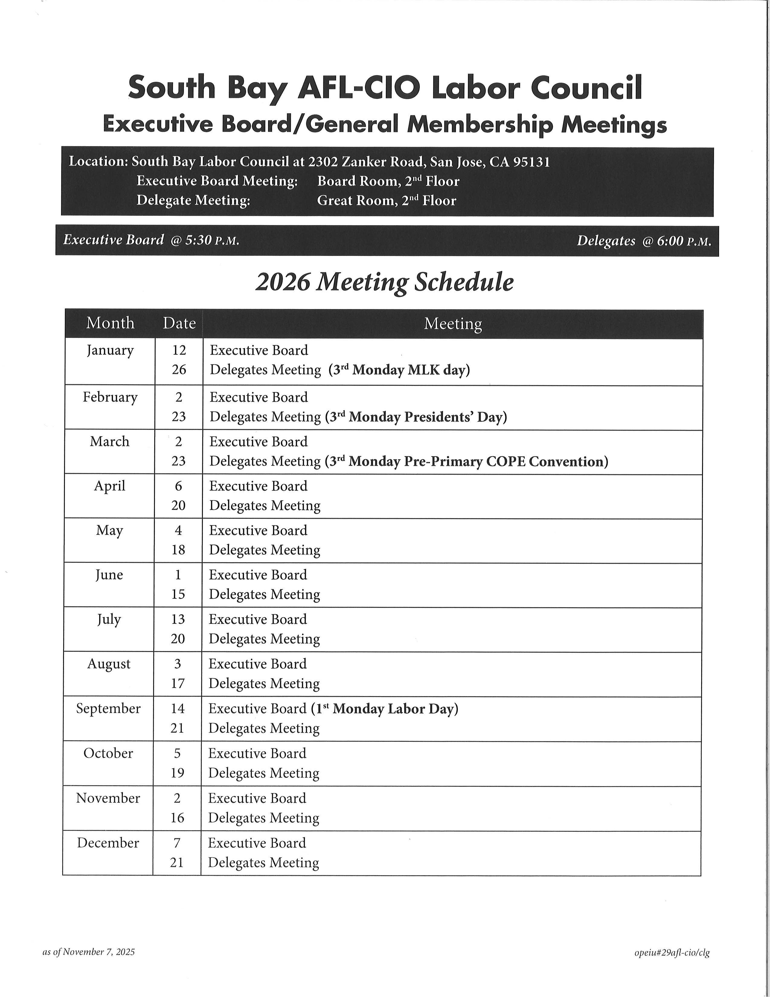 2026 Meeting Calendar