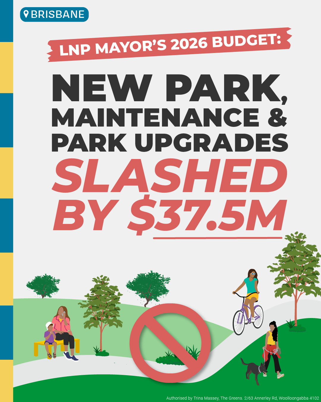 A cartoon image of a diverse group of people enjoying a park, with a red cross through it. The words: "LNP Mayor's 2026 Budget: New Park, Maintenance & Park Upgrades Slashed by $37.5M."