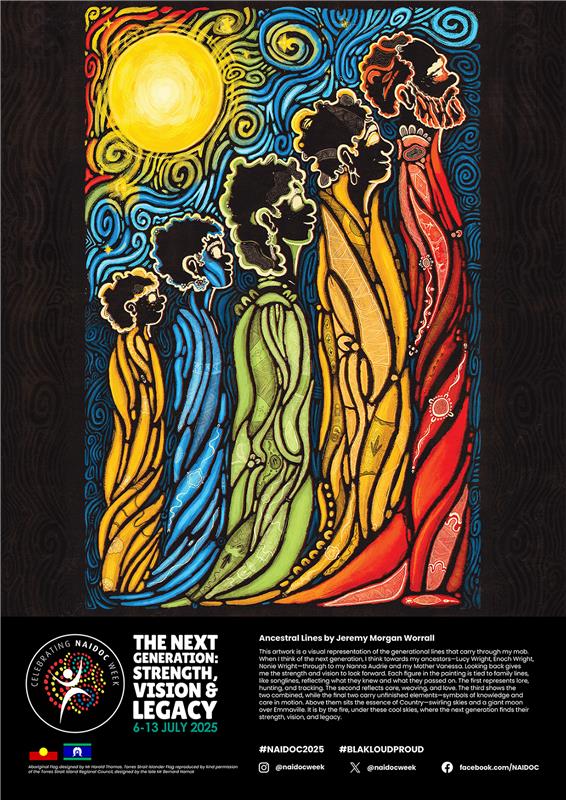 NAIDOC Poster Black background with children connecting with elders and ancestors in orange, blue, green, and red