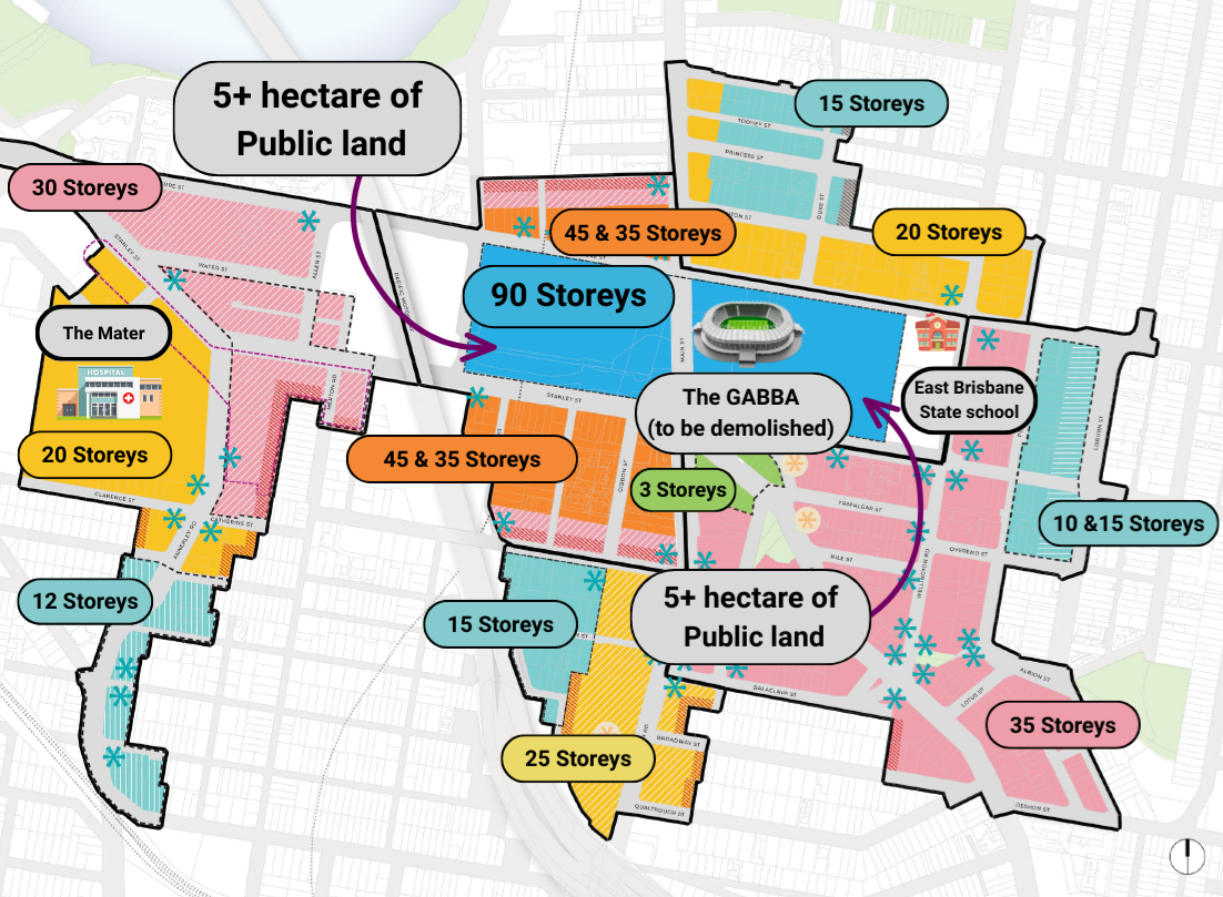 image of amended Gabba PDA including increased height allowances and removal of greenspaces from original PDA
