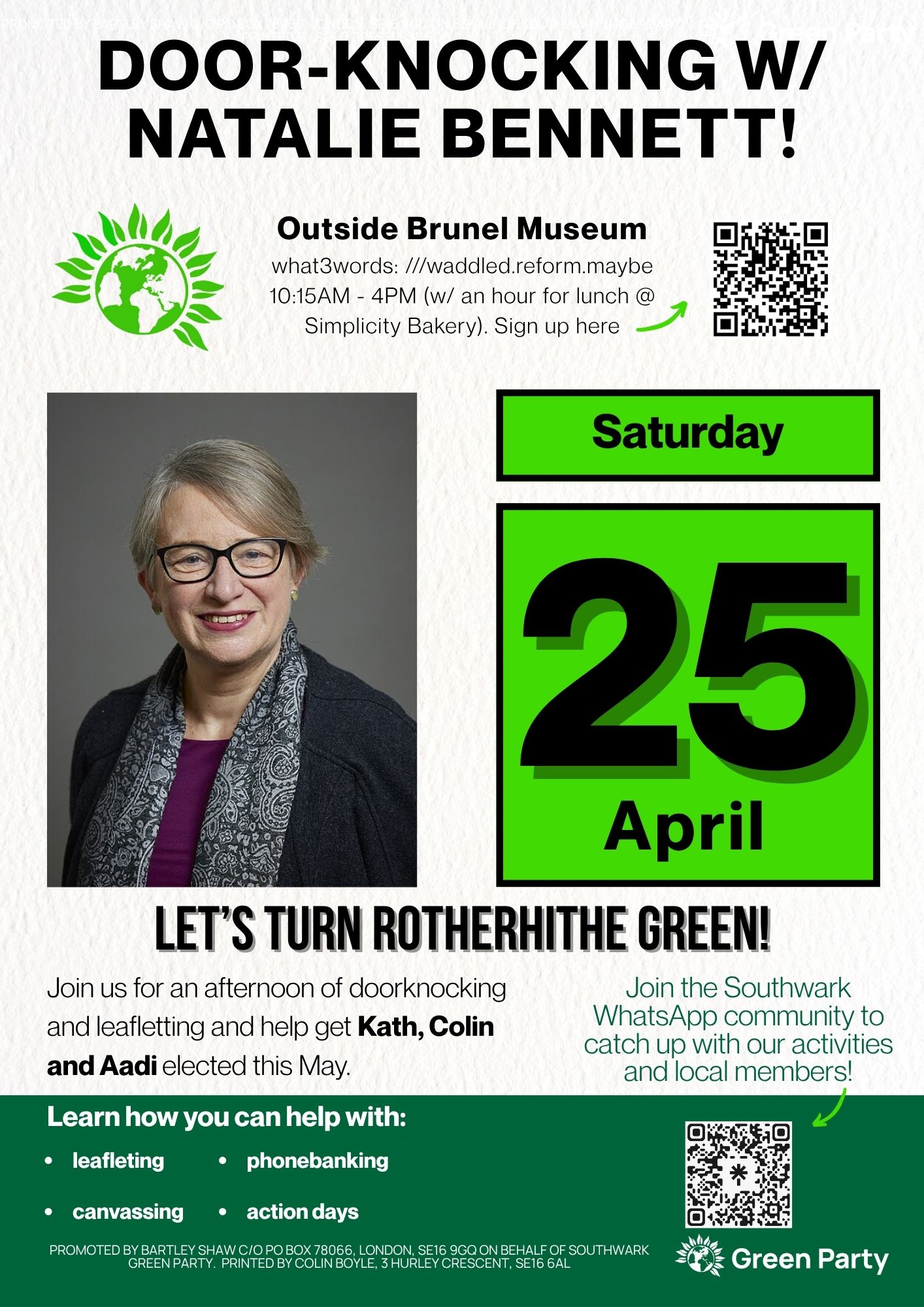 Join Natalie Bennett to campaign in Rotherhithe on Saturday