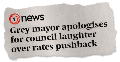 One News: Grey mayor apologises for council laughter over rates
pushback