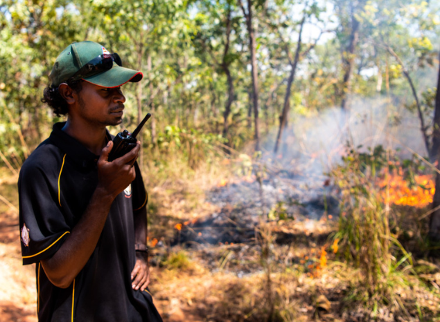 Tiwi Ranger Stanley Tipungwuti coordinating early dry season burning operations. Photo: Annette Ruzicka.