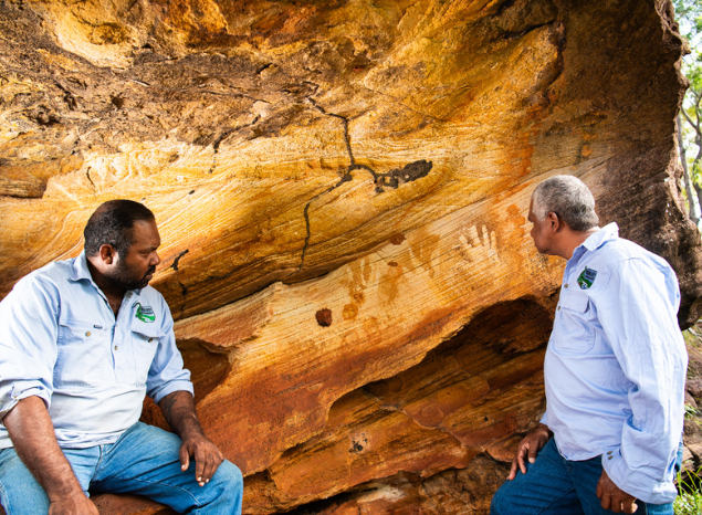Vince and Clifford Harrigan at one of the rock art sites at Normanby Station. Photo: Annette Ruzicka. Vince and Clifford Harrigan at one of the rock art sites at Normanby Station. Photo: Annette Ruzicka.