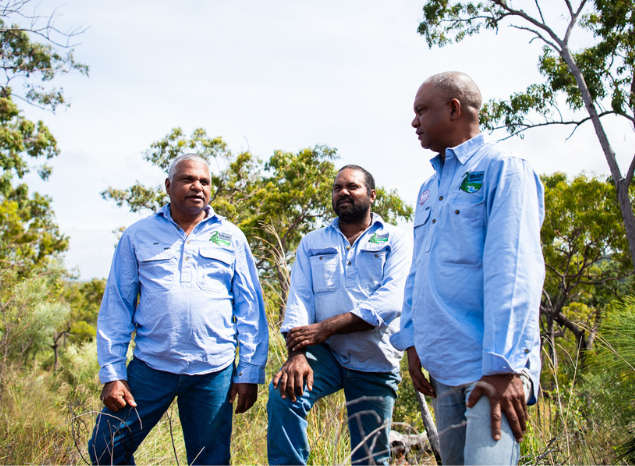 Normanby Rangers Clifford Harrigan, Vince Harrigan and Anselm Harrigan on Country. Photo: Annette Ruzicka. Normanby Rangers Clifford Harrigan, Vince Harrigan and Anselm Harrigan on Country. Photo: Annette Ruzicka.
