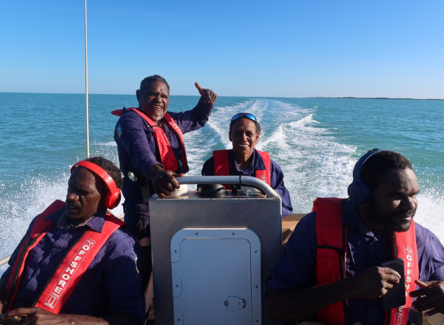 SE Arnhem Land Rangers Steven Ngalmi, Clive Nunggarrgalu, Joanne Pomery & Preston Wurramara out on Sea Country. Courtesy: Northern Land Council.