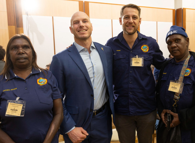 Karajarri Ranger Team Anita Kitty, Jesse Ala'i and Carlene Wilridge meet Independent Senator David Pocock at CNP Parliament House Event, Canberra, 2023. Photo: ID Photos.