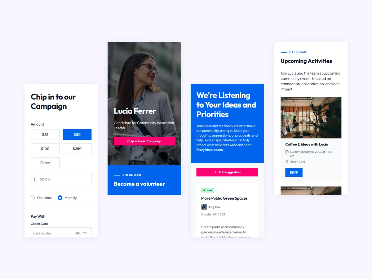 Mobile layout featuring donation page, event registration and feedback options