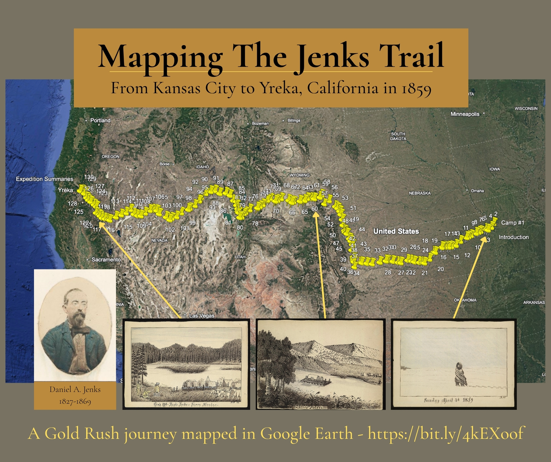 Mapping The Jenks Trail from Kansas City to Yreka, California in 1859 by Larry Obermesik