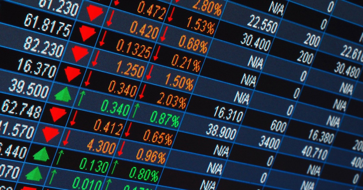 A screen at the stockmarket showing values rising and falling.