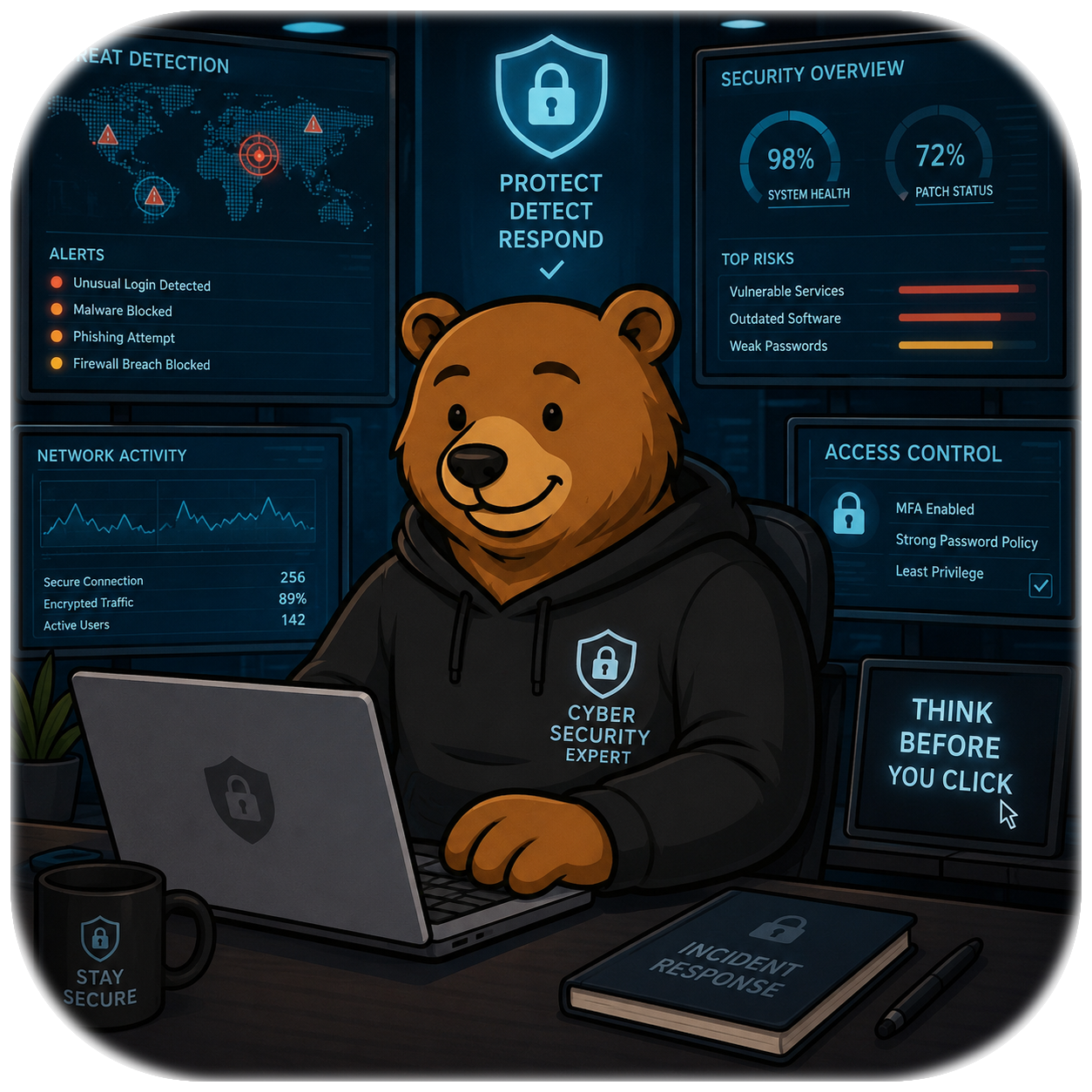 Cal the Bear at a cybersecurity workstation