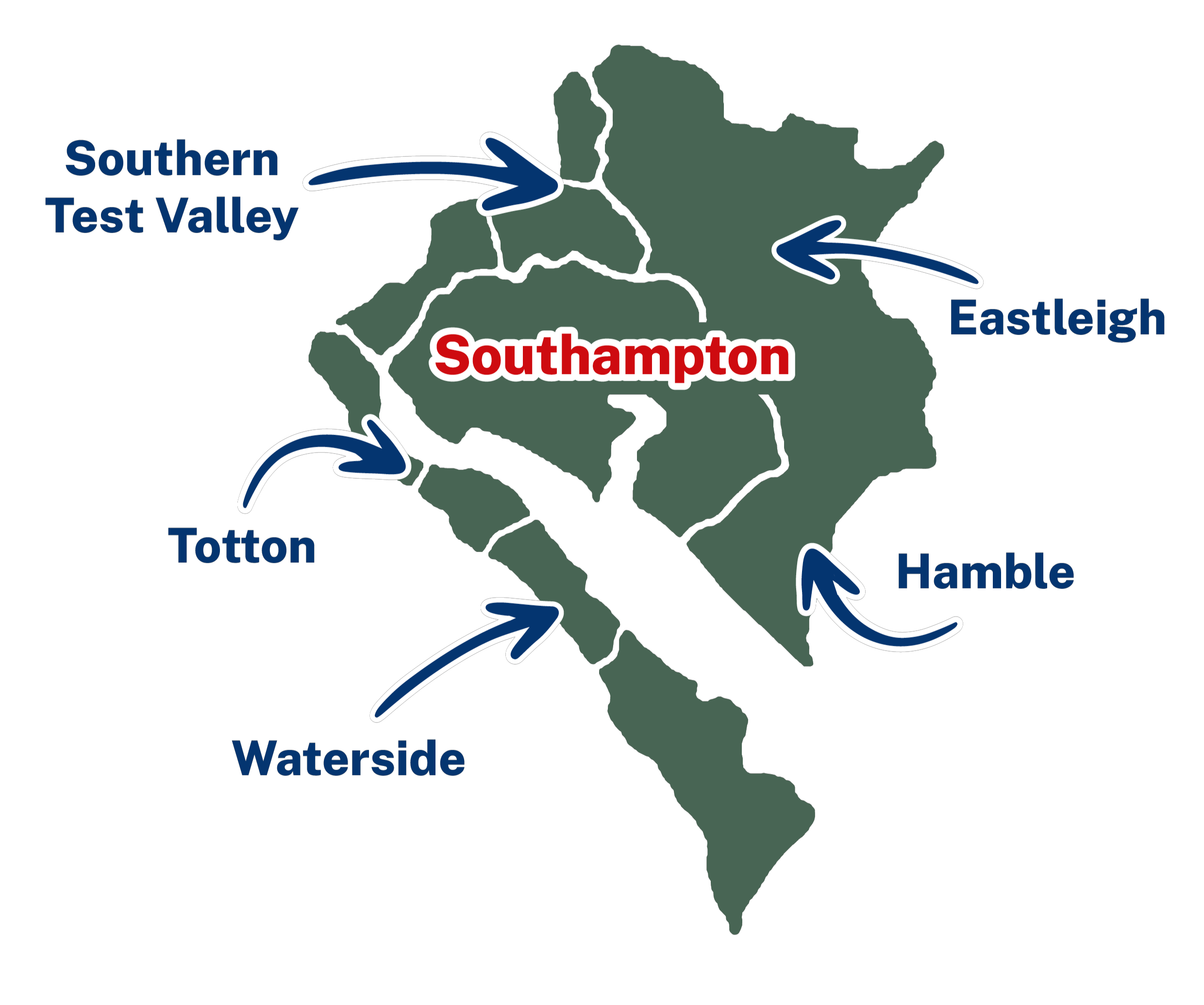 Map showing Southampton Super Council swallowing surrounding communities — Eastleigh, Southern Test Valley, Totton, Waterside and Hamble